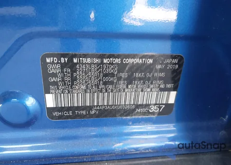 2019 Mitsubishi Outlander Sport 2.0 Es z USA, uszkodzony, nr VIN JA4AP3AU6KU032606